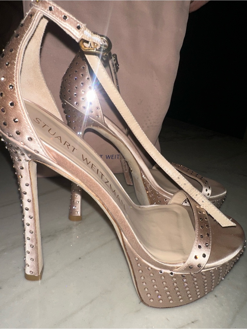 Stuart Weitzman Rose Gold T‑Strap Studded Platform Heels
